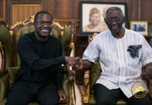 JOSPONG Group Chairman officially invites former President Kufuor to his late father’s funeral JOSPONG Group Chairman, Dr. Joseph Siaw Agyepong in a handshake with Former President Kufuor