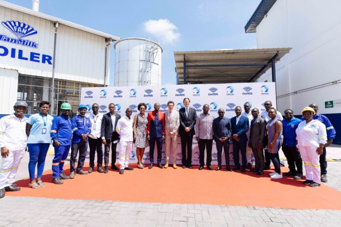 FanMilk staff in a group photo with Head of CCI France Ghana, Armelle Sae Jeanne, Chancellerie Diplomatique of French Embassy, Raphael Malara, Danone AMEA President, Christian Stammkoetter, Deputy Minister of Energy, William Owuraku-Aidoo, General Manager of FanMilk West Africa, Yeo Ziobeieton, Poet Emma Ofosua