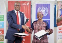 UBA Ghana, UNDP Sign MoU To Support Female SMEs, Green Entrepreneurship In Ghana Chris Ofikilu, RCEO UBA West Africa and MD UBA Ghana in a photograph with Dr. Angela Lusigi, UNDP Resident Representative in Ghana exchanging MoU after signing ceremony