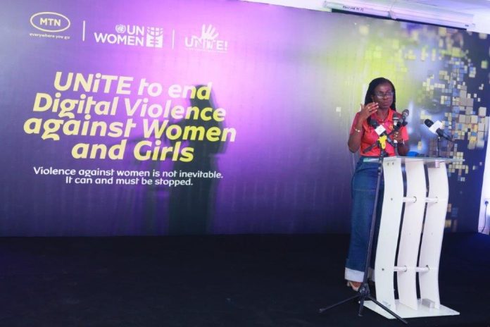 Adwoa Wiafe, Chief Corporate Services & Sustainability Officer at MTN speaking at the launch of 16 Days of Activism Against Gender Based Violence