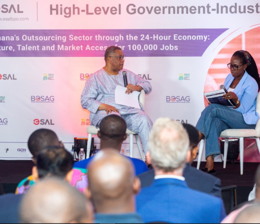24-Hour Economy Authority Supports BOSAG’s Bid To Make Ghana A Leading Outsourcing Destination Mr. Augustus Goosie Tanoh, Presidential Advisor to the 24-Hour Economy Authority engaging in a Q&A session at the BOSAG High Level Government Industry Roundtable event