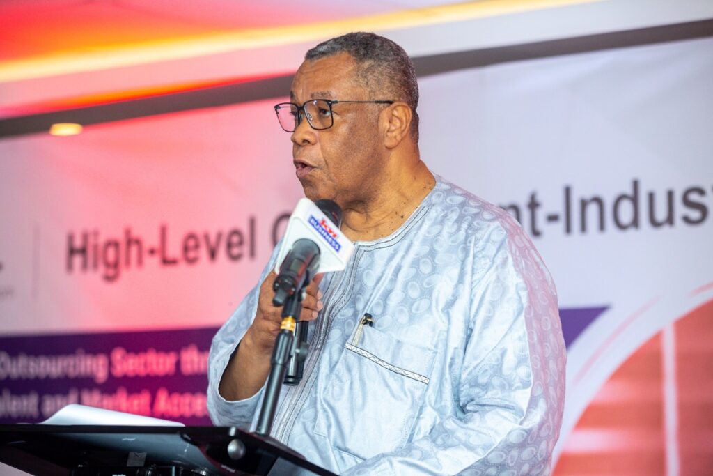 Mr. Augustus Goosie Tanoh, Presidential Advisor to the 24-Hour Economy Authority delivering his keynote speech at the BOSAG High Level Government Industry Roundtable event