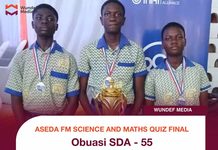 Obuasi SDA JHS Crowned Champions Of Aseda FM Science And Maths Quiz 2026 The three champion contestants of Obuasi SDA JHS pose with the trophy after winning the 3rd Edition of the Aseda FM Science and Maths Quiz 2026