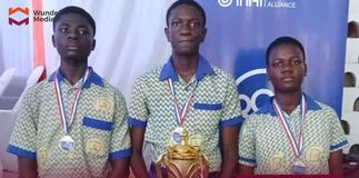 Obuasi SDA JHS Crowned Champions Of Aseda FM Science And Maths Quiz 2026 The three champion contestants of Obuasi SDA JHS pose with the trophy after winning the 3rd Edition of the Aseda FM Science and Maths Quiz 2026