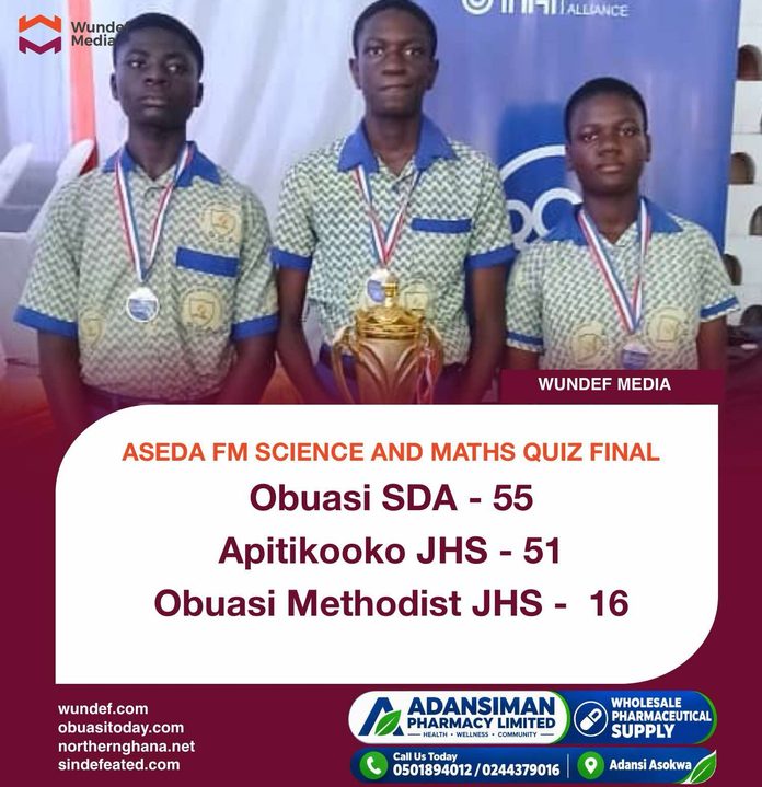 The three champion contestants of Obuasi SDA JHS pose with the trophy after winning the 3rd Edition of the Aseda FM Science and Maths Quiz 2026 The three champion contestants of Obuasi SDA JHS pose with the trophy after winning the 3rd Edition of the Aseda FM Science and Maths Quiz 2026