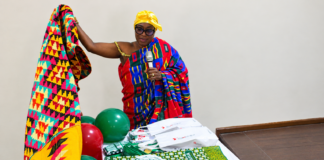 OLAPSA Launches Centenary ALUMNI Celebration And Homecoming HRM Nana Dansoa Amamaah, the Asamankese Kyidom Hemaa unveiling the Anniversary Cloth and sourvinirs during the launch
